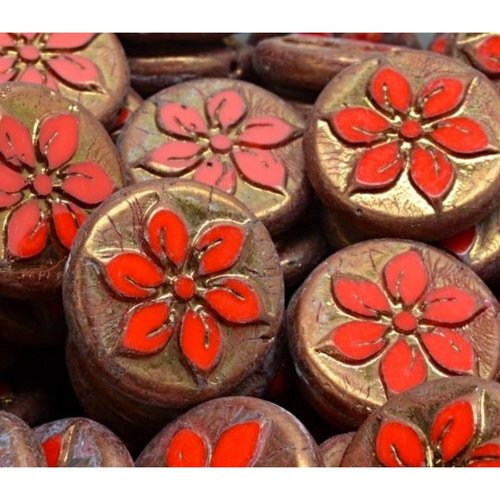 2pcs picasso opaque brown red luster table coupe coin fleur ronde boules de verre tchèque 18mm x 18m sku-942069