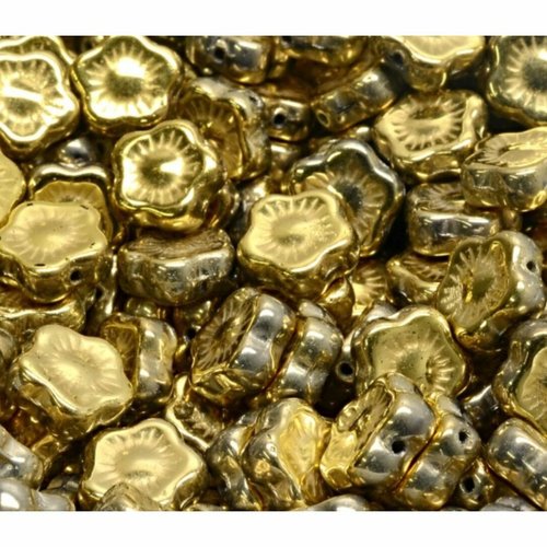 12pcs opaque métallique d'or plat fleurs de sculptées beads verre tchèque 10mm sku-942144
