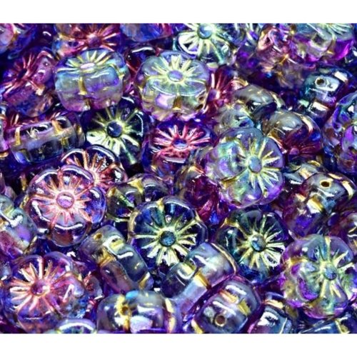 16pcs lustre de cristal iris arc-en-ciel doré pourpre fleur d'anémone rond verre tchèque beads 10mm  sku-942074