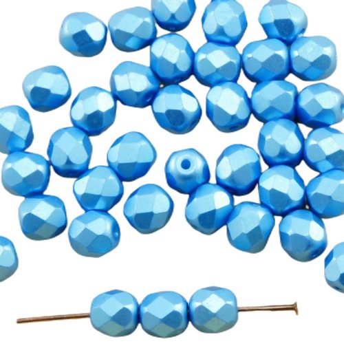 40pcs pastel nacré bleu azur verre tchèque ronde à facettes feu poli perles de 6mm sku-31600