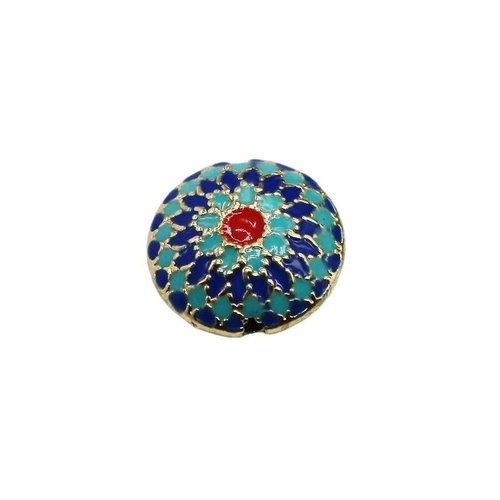 1 pièce argent bleu rouge émail mandala fleur métal cloisonné perle entretoise vintage art design br sku-527140