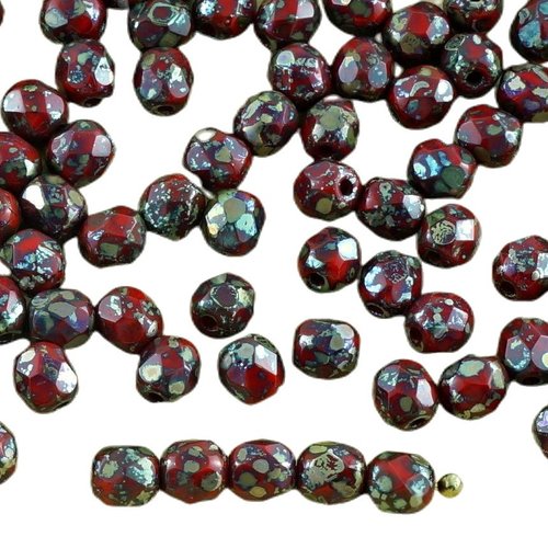 100pcs picasso argent opaque rouge corail verre tchèque ronde à facettes feu poli petites perles d'e sku-31595