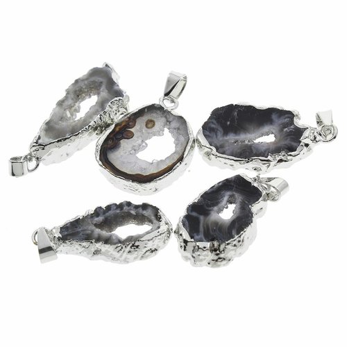 1pc cristal noir argent druzy geode tranche forme libre glace quartz agate pierres précieuses nature sku-854395