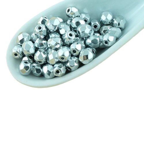 100pcs metallic silver ronde verre tchèque perles à facettes feu poli petite entretoise de 4mm sku-28681