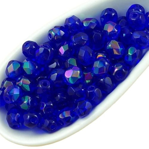 100pcs cristal de saphir bleu iris demi-rond à facettes feu poli entretoise tchèque perles verre 4mm sku-35668