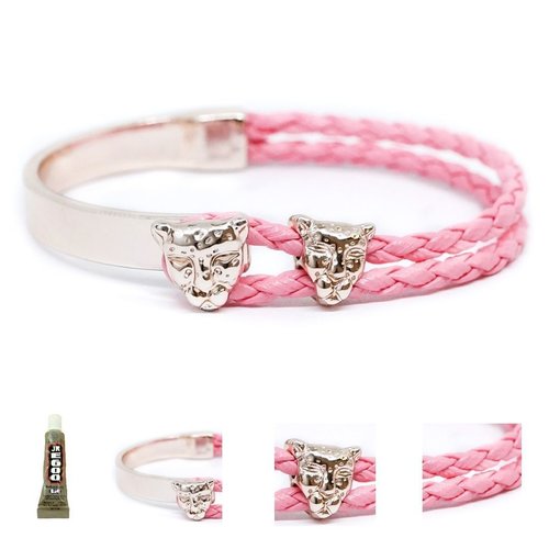 1 ensemble de bracelet kraftika en cuir tressé rose clair faux pu zamak plaqué métal et bracelet léo sku-466308