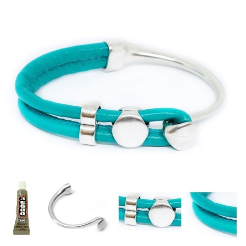 1 ensemble de bracelet kraftika turquoise blue green leather cordon faux pu 999 silver antique zamak sku-467843