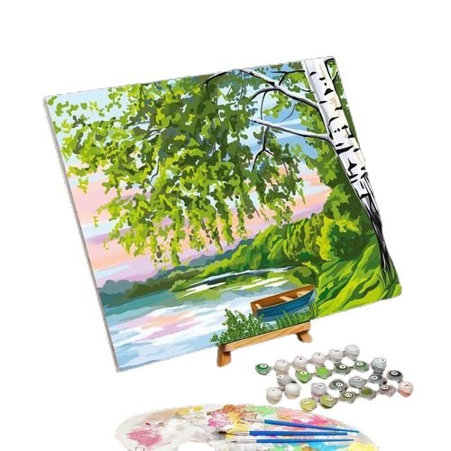 Peinture par numéros sur toile avec sous-cadre art mural " bouleau au bord du lac "40 × 50 cm kit de sku-278981