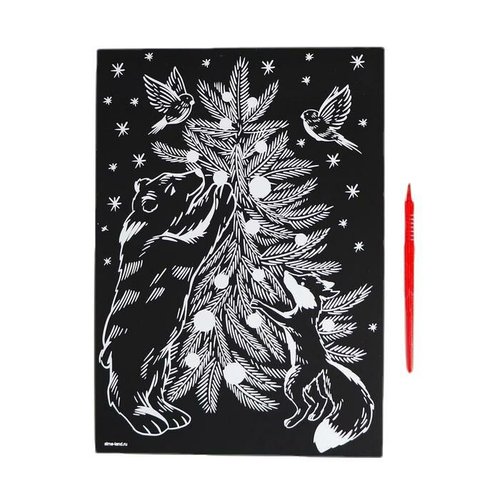 Gravure "animaux et arbre de noël" scratch art diy kit argent métallique effet artisanat mur scratch sku-417939