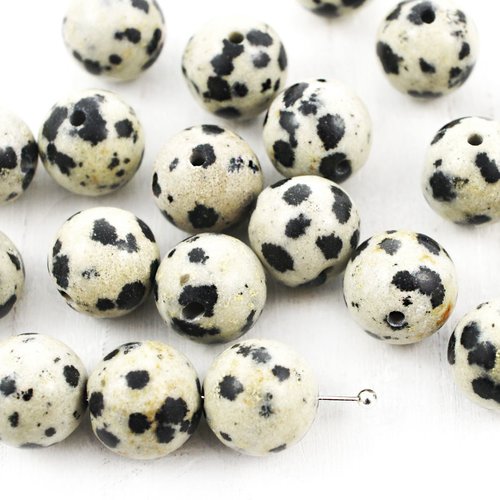 8pcs blanc noir pierres naturelle jaspe dalmatien lisse repéré parsemée de perles rondes 10mm sku-38955