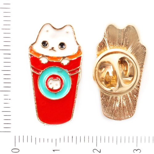 1pc white cat animal red cup gold color plateau enamel badge brooch lapel pins bijoux métal 13mm x 2 sku-41929