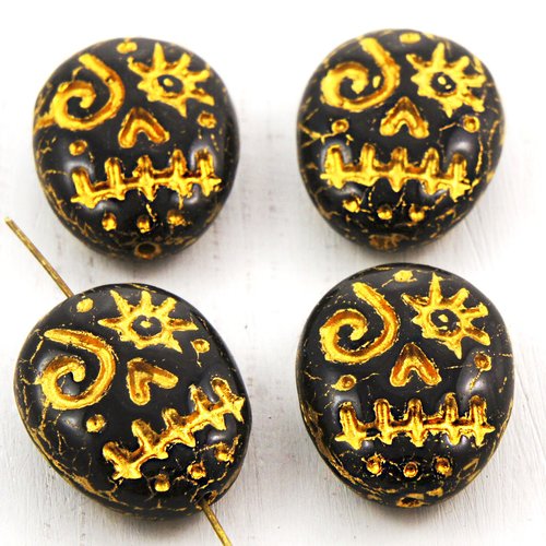 2pcs opaque jet black gold patina wash voodoo ghost sucre crâne calavera masque oval chechien beads  sku-38473