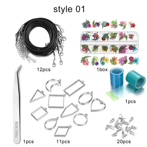 1set de moule époxy diy set silicone avec fleur séchée avec cordon collier noir pour pendant métal 1 sku-928133