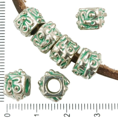 6pcs antique ton argent turquoise patine verte laver de grandes trou cube européenne pandora style l sku-36594