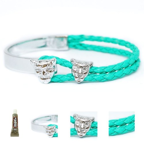 1 ensemble de bracelet kraftika turquoise en cuir tressé vert faux pu 999 zamak métallique plaqué ar sku-466326