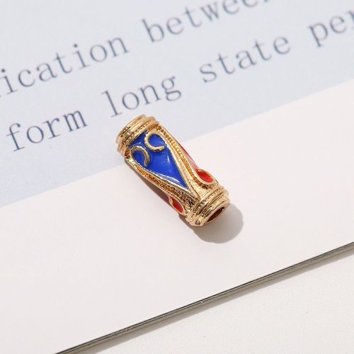 1pcs perle de tube en émail bleu rouge saphir cobalt doré cloisonnées métal entretoise vintage art b sku-942169