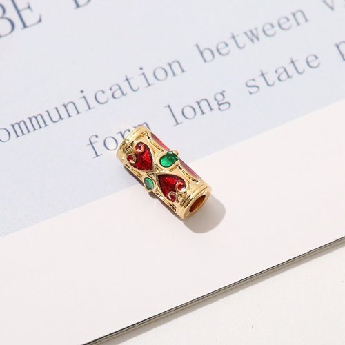 1pcs perle de tube en émail coeur or rouge vert cloisonnées métal entretoise vintage art bead design sku-942204