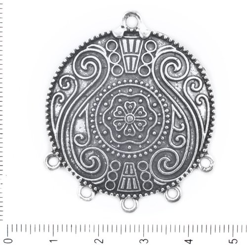 1pc antique ton argent grande fleur 5 trous boucles plat monnaie rond pendentif chandelier suspendu  sku-41695