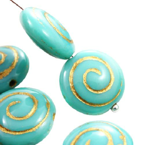 6pcs turquoise-vert-or patine laver coque arrondie de coquillage spiral plat en verre tchèque perles sku-41490