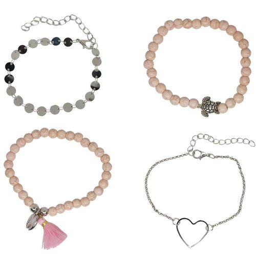 1 ensemble 4 pièces bracelet de perles rocaille multicouche en argent rose cordon élastique mauvais  sku-757468