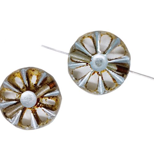 8pcs picasso crystal beige jaune argent patina table coupe plate pièce de monnaie fleurs beads verre sku-937915