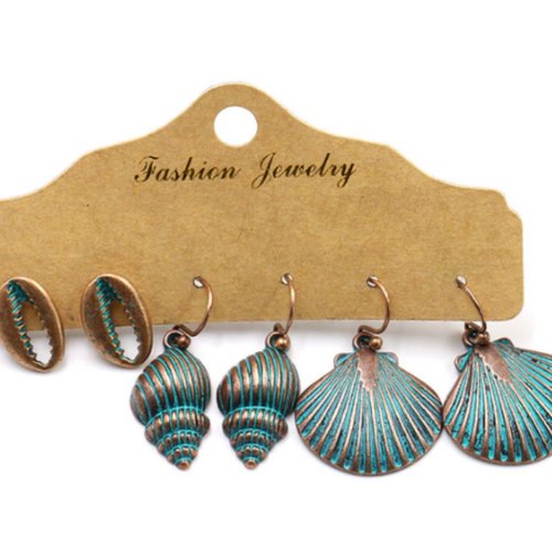 1set turquoise de cuivre antique 3 sets boho earrings ethniques pour femmes shell marine d'été bijou sku-963661
