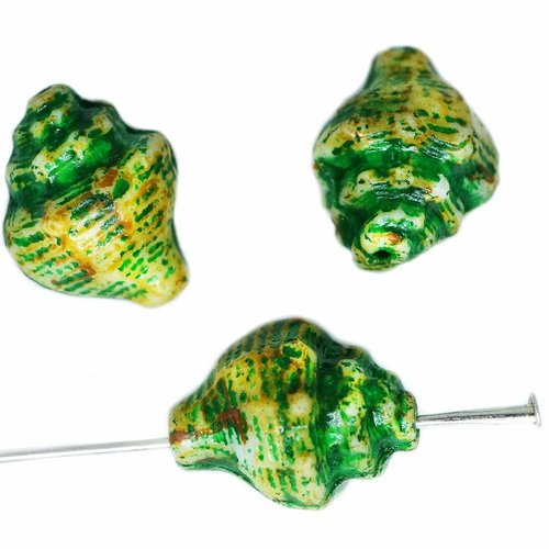 4 pcs picasso vert patine jaune brun murex shell mer perles tchèque verre 15mm x 12mm sku-613441