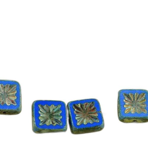6pcs picasso bleu opaque de la table découpe à plat fleur carré en verre tchèque perles 10mm x 10mm sku-31419