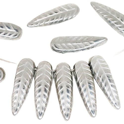 14pcs metallic silver-labrador plein sculpté de feuilles la fleur plume d'aile d'oiseau tchèque perl sku-249282