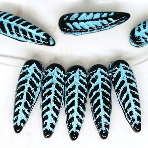14pcs opaque noir de jais matte bleu patine laver sculpté feuilles la fleur plume d'aile d'oiseau tc sku-249283