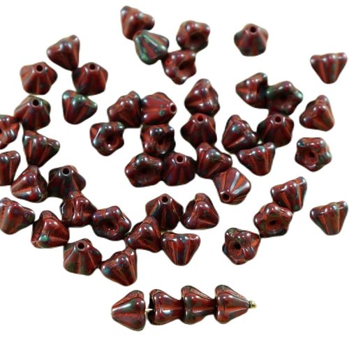 40pcs picasso opaque rouge corail verre tchèque petite cloche de fleurs perles 4 mm x 6 sku-27075