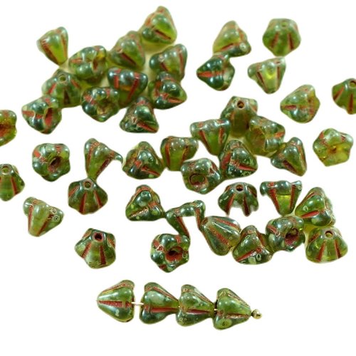 40pcs picasso verte en cristal de verre tchèque petite cloche fleurs perles 4 mm x 6 sku-27077