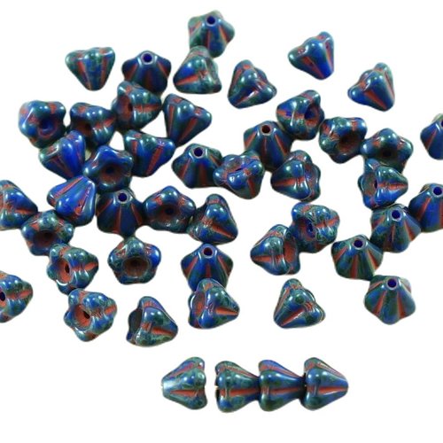 40pcs picasso bleu opaque verre tchèque petite cloche de fleurs perles 4 mm x 6 sku-27078