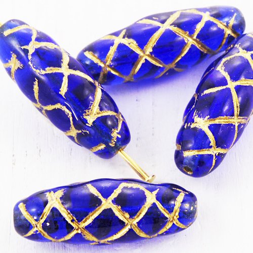 6pcs cristal saphir bleu ovale en or sculpté tube rayé à carreaux de verre tchèque perles 22mm x 8mm sku-38478