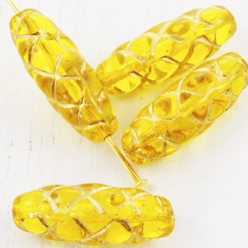 6pcs cristal ambre jaune or clair patine laver ovale sculpté tube rayé à carreaux de verre tchèque p sku-38481