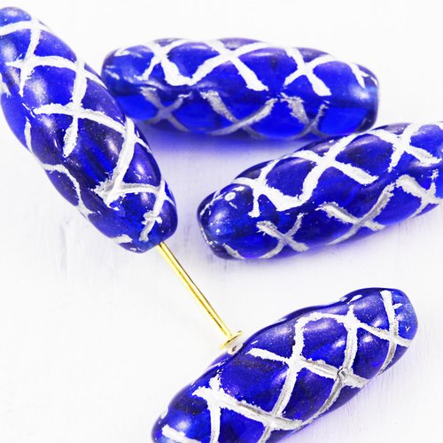 6pcs cristal bleu saphir argent patine laver ovale sculpté tube rayé à carreaux de verre tchèque per sku-38498