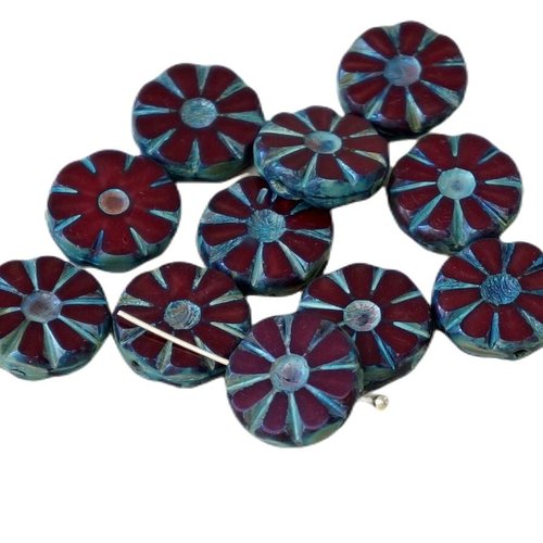 8pcs picasso bordeaux rouge corail travertin de table fleurs coupées plat pièce verre tchèque perles sku-26954