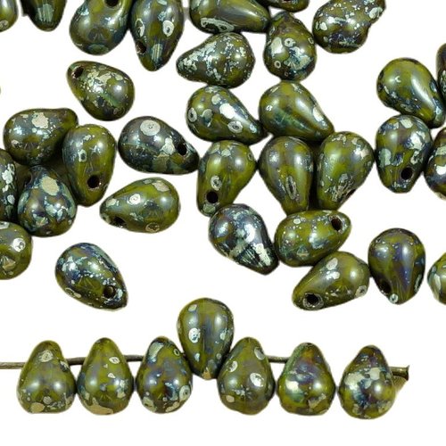 40pcs picasso argent opaque de l'olivine vert olive larme petite verre tchèque perles 4 mm x 6 sku-35557