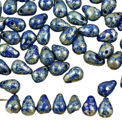40pcs picasso argent bleu opaque larme petite de verre tchèque perles 4 mm x 6 sku-35563