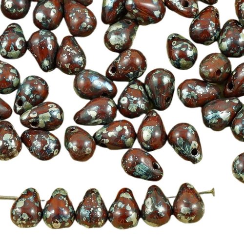 40pcs opaque brun argent picasso larme petite de verre tchèque perles 4 mm x 6 sku-35566