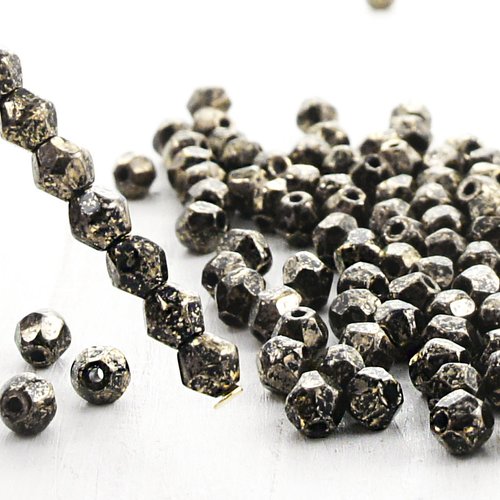 50pcs opaque jet black gold pluie repéré bicone à facettes feu poli verre tchèque perles de 4mm sku-38735