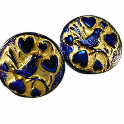 1pc main tchèque bouton de verre foncé brillant bleu mat oiseau d'or coeur saint-valentin l'amour ta sku-26036