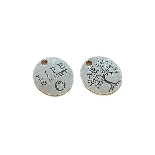 4pcs couleur argent antique arbre de vie à plat pièce ronde en métal pendentif charms perles tchèque sku-42292