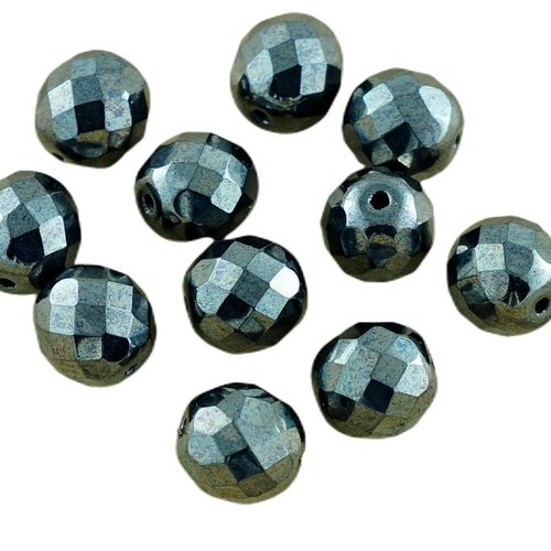 10pcs grand metallic argent noir lustre rond verre tchèque perles de feu poli facettes noël 12mm sku-29090