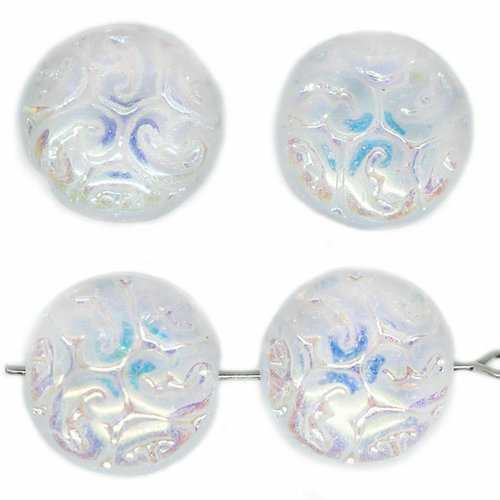 8 pcs blanc moonstone opale ab ronde sculpté coin perles tablet forme plat tchèque verre 14mm sku-531517