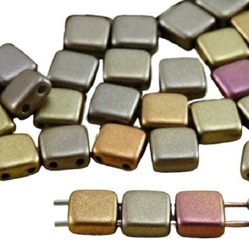 40pcs mat métallisé or arc-en-ciel mix tuile plate carrée 2 deux trou de verre tchèque perles 6mm sku-33820
