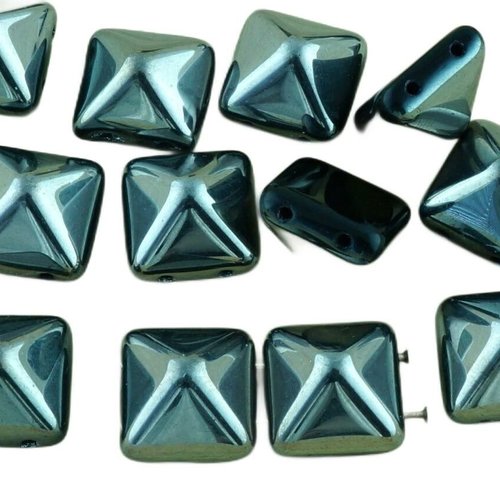 8pcs jet noir metallic dark silver demi-grand carré pyramide goujon 2 deux trou de verre tchèque per sku-32544