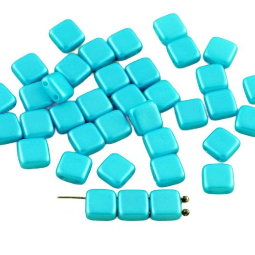 40pcs pastel bleu aqua tuile de verre tchèque perles deux trous plat carré 6mm x sku-28517