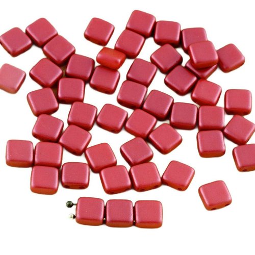 40pcs pastel foncé corail rouge tuile de verre tchèque perles deux trous plat carré 6mm x sku-28513