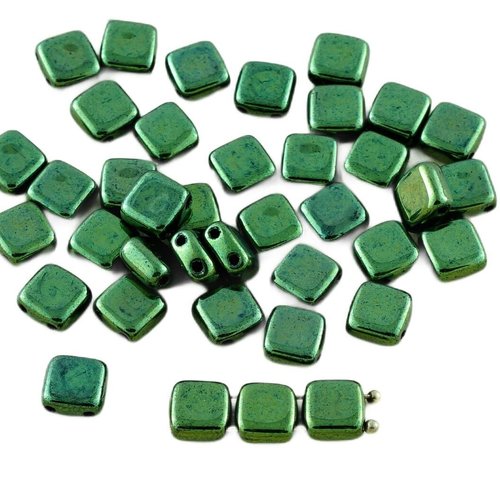 40pcs vert métallique lustre tuile de verre tchèque perles deux trous plat carré 6mm x sku-28528